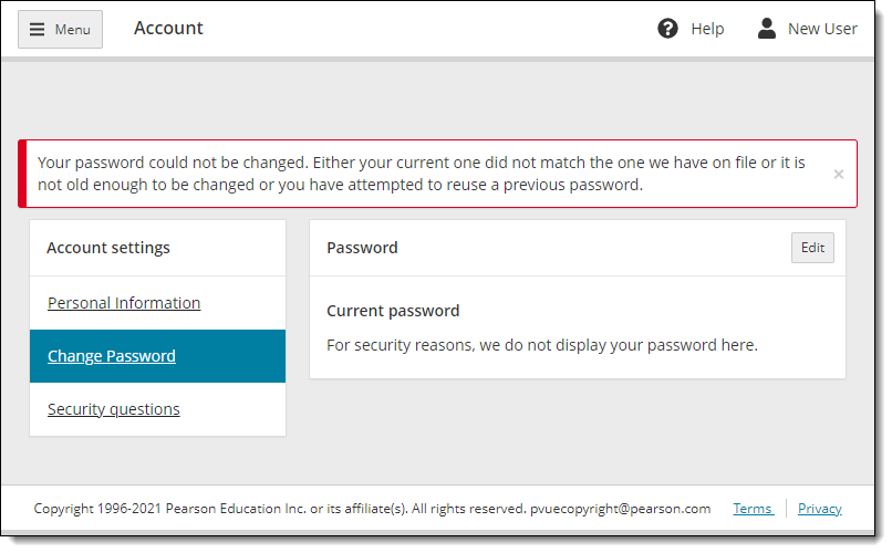 Connect password cannot be changed message.